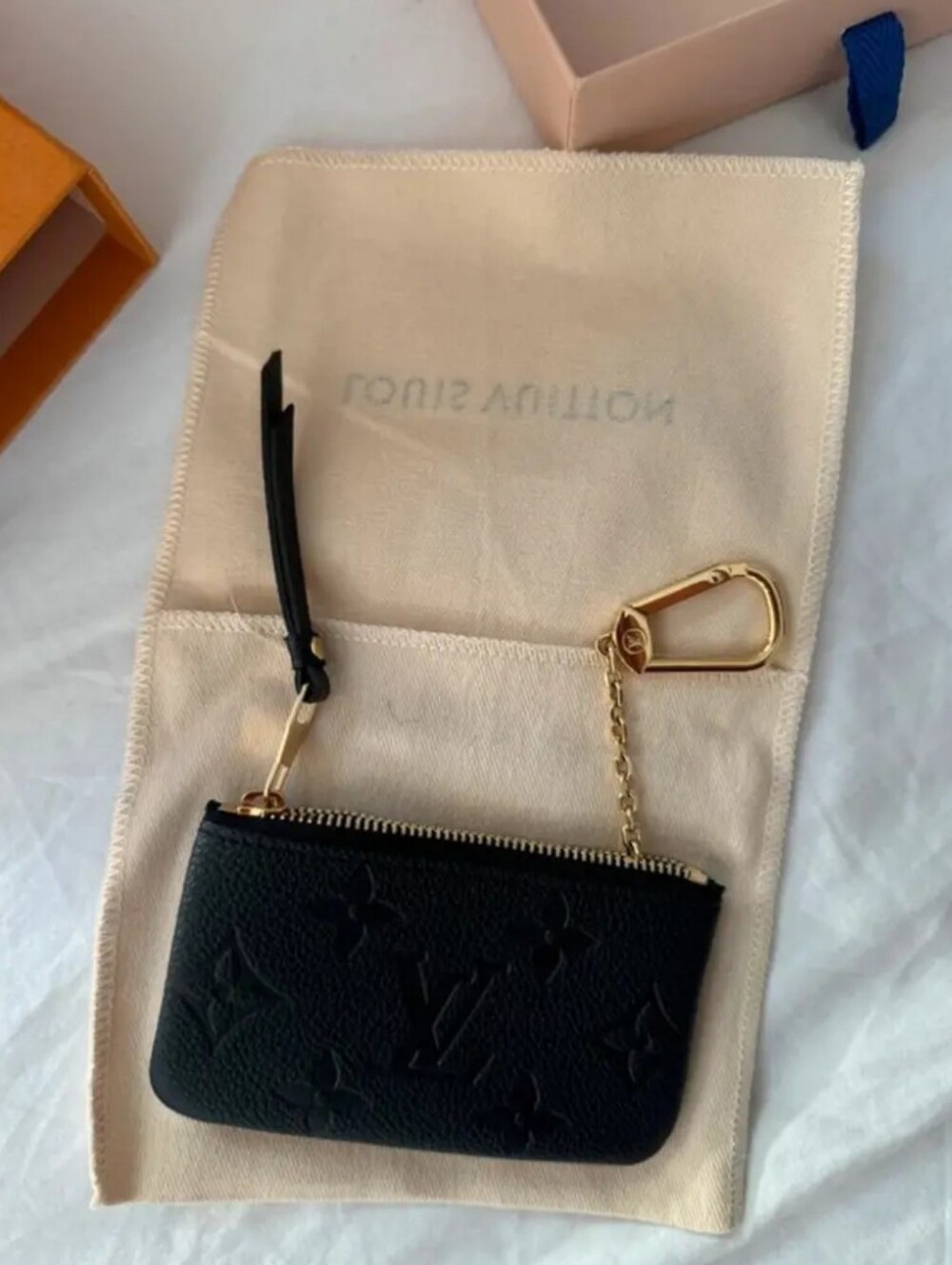Louis Vuitton Black Monogram Embossed Key Pouch with Gold Chain